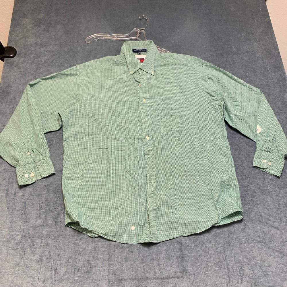 Tommy Hilfiger Dress Shirt Men 16.5 34-35 Green White Check Cotton Formal Career